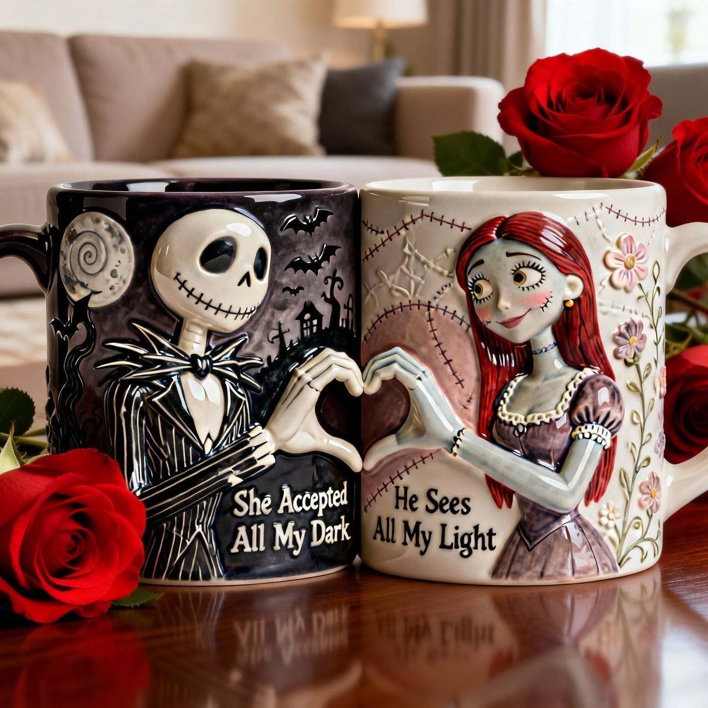 Spooky She Accepted All My Dark - Personalized White Edge-To-Edge Mug - Gift For Couples, Movie Fans NL122
