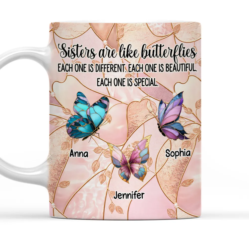 Sisters Are Like Butterflies - Personalized White Edge-to-Edge Mug - Gift For Sisters, Family HH01