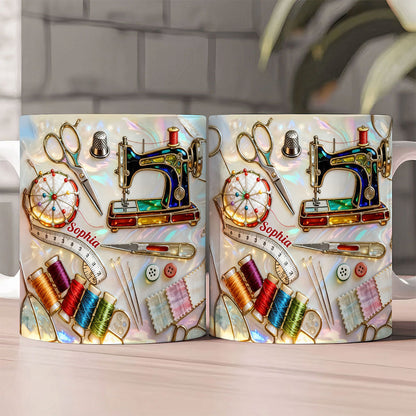 Love Sewing Stained Glass - Personalized White Edge-to-Edge Mug - Gift For Her HH01
