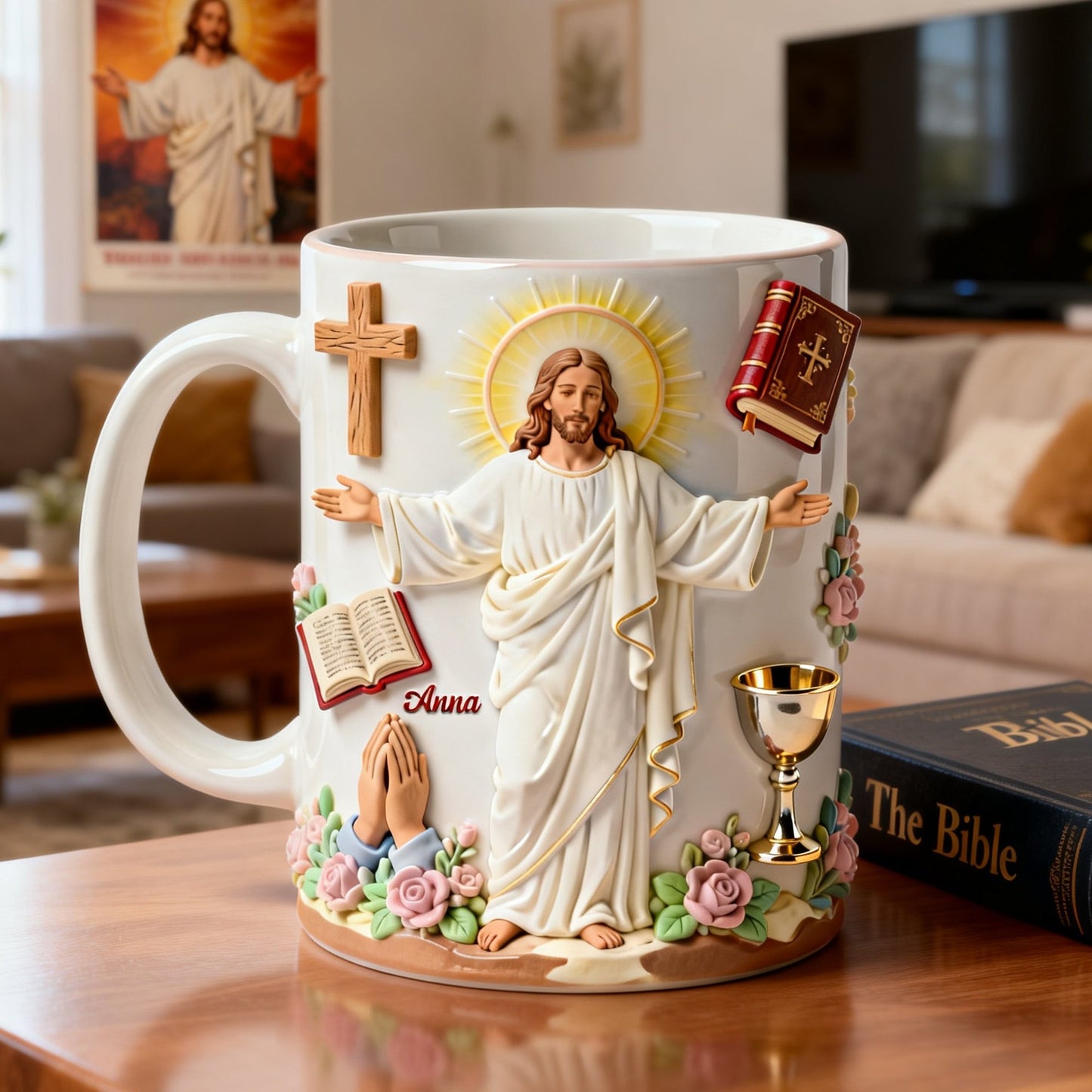 Safe In The Arms Of Jesus- Personalized White Edge-to-Edge Mug - Gift For Christians HH01
