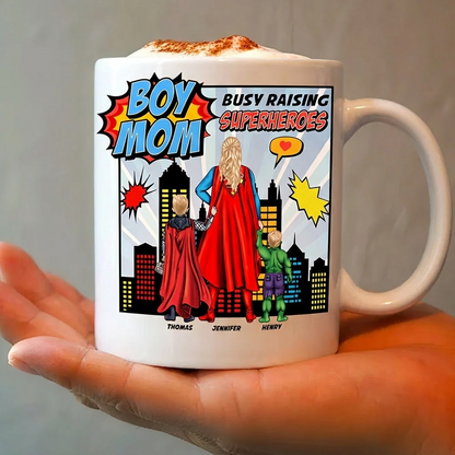 Boy Mom Busy Raising Superheroes - Personalized Ceramic Mug - Gift For Mom, Grandma | CL02 HN02