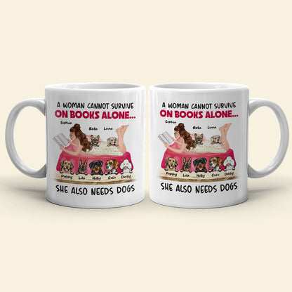 A Woman Cannot Survive On Books Alone, Girl Reading Book Dog White Mug