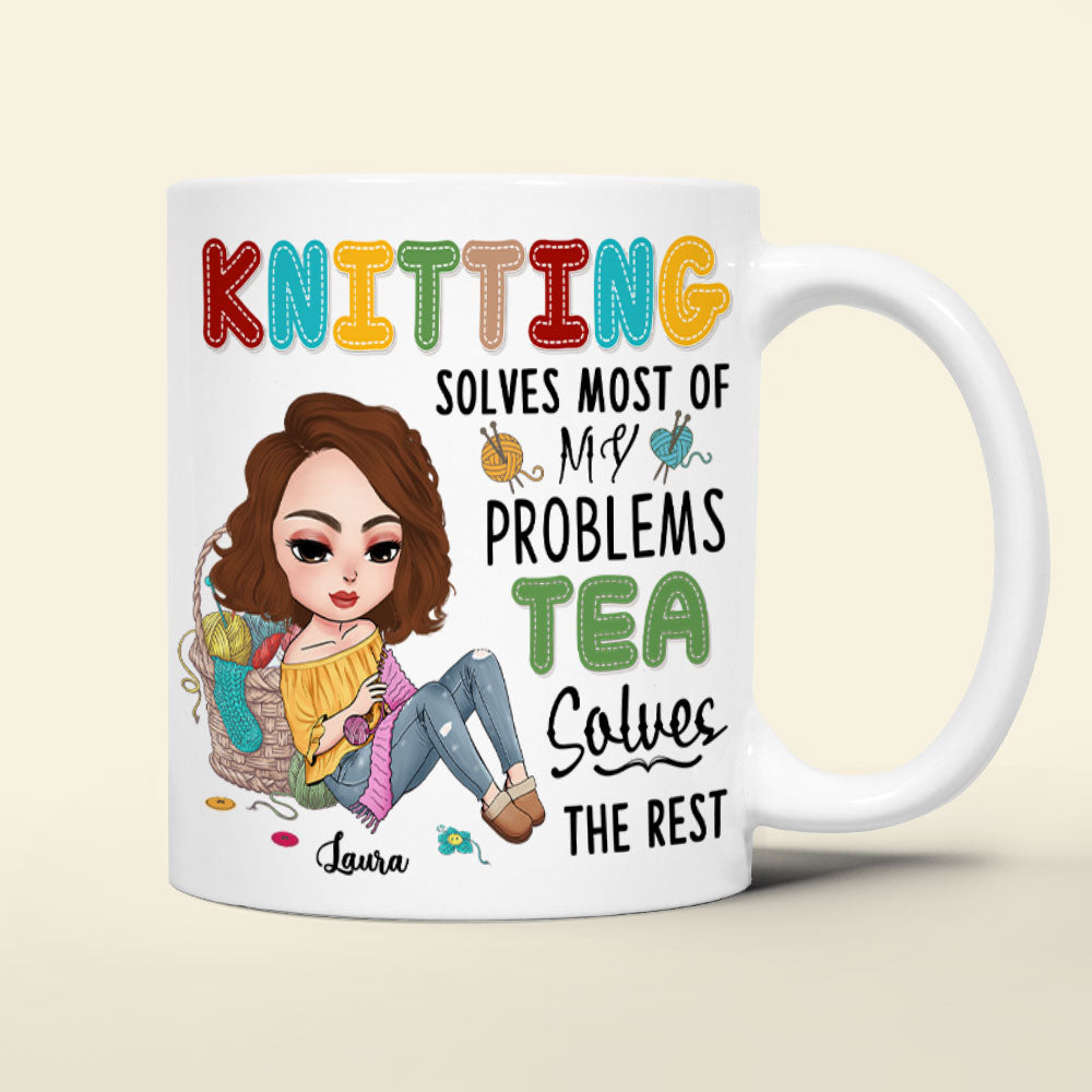 Personalized Gifts for Knitters, Custom Cartoon Characters with Yarn and Knitting White Mug 01TOTI060824HH