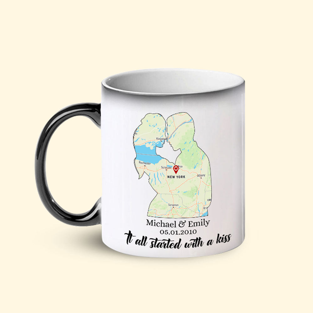It All Started With A Kiss Custom Map Couple Mug, Gift For Couple