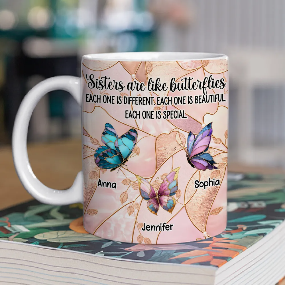 Sisters Are Like Butterflies - Personalized White Edge-to-Edge Mug - Gift For Sisters, Family HH01