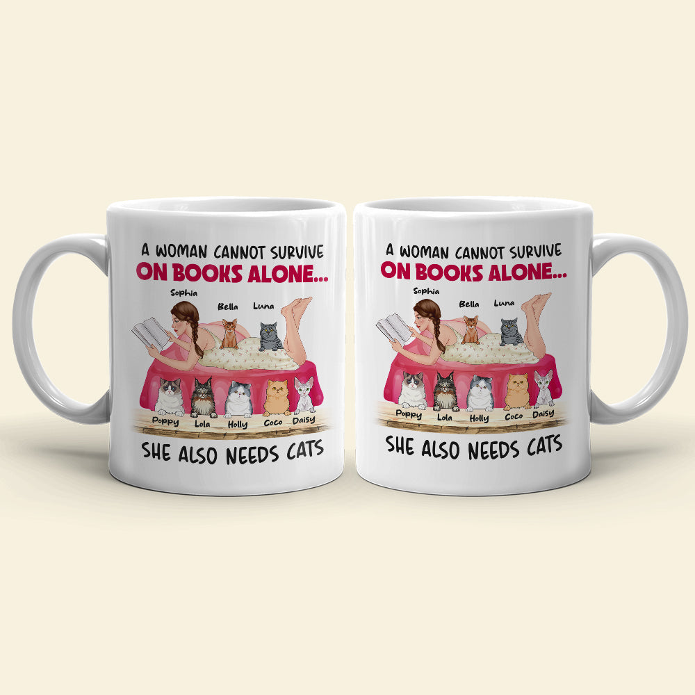 A Woman Cannot Survive On Books Alone, Girl Book Cat White Mug