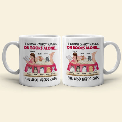 A Woman Cannot Survive On Books Alone, Girl Book Cat White Mug