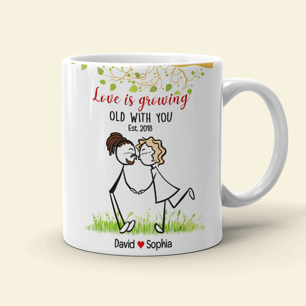 Love Is Growing Old With You, Gift For Couple, Personalized Mug, Stick Couple Kissing Mug, Anniversary Gift