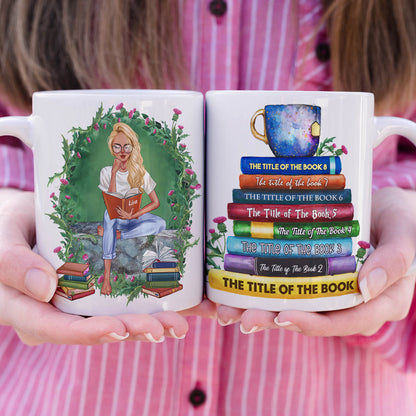 Custom Book Titles - Personalized Book and Coffee Mug - A Sitting Girl Reads Book 3HUHI180122