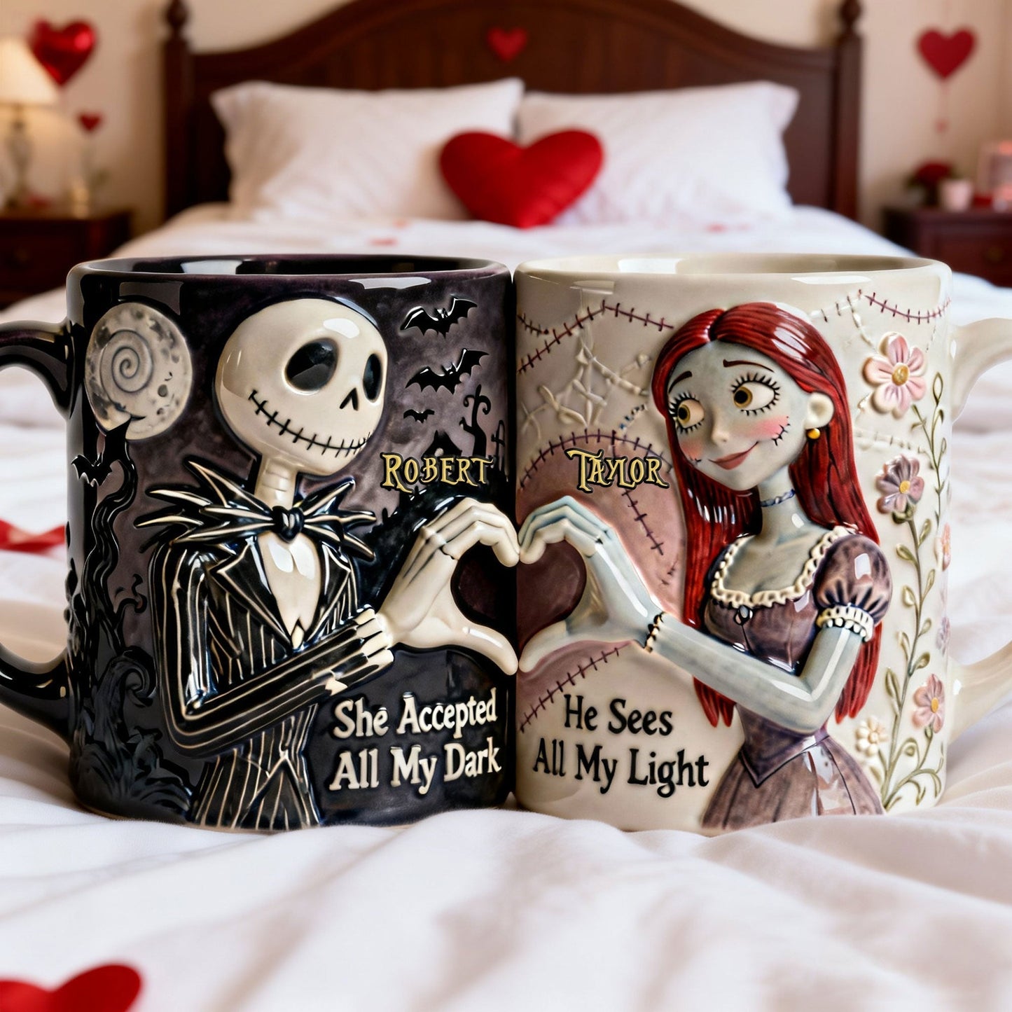 Spooky She Accepted All My Dark - Personalized White Edge-To-Edge Mug - Gift For Couples, Movie Fans NL122