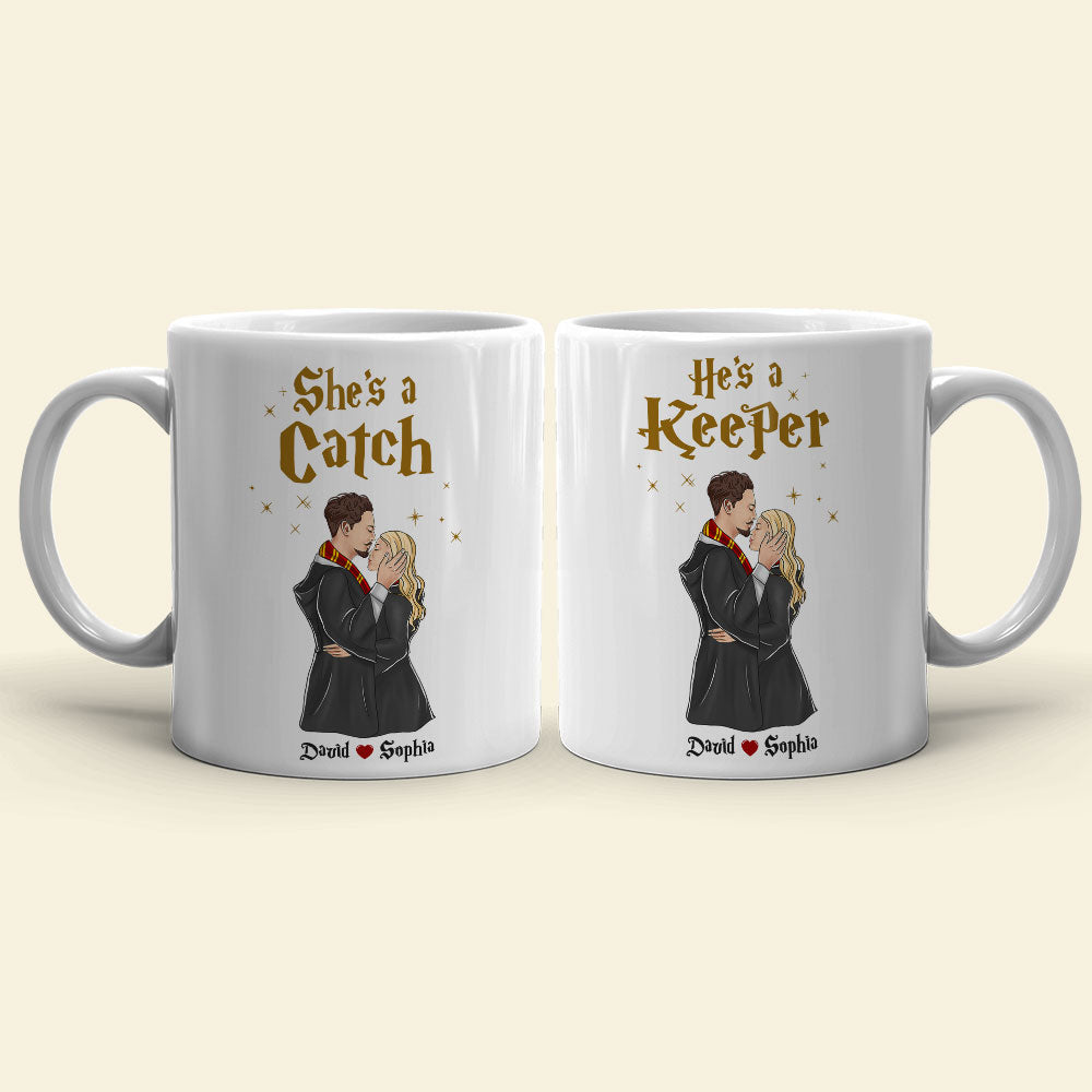 She's A Catch, He's A Keeper, Gift For Couple. Personalized Mug, Wizard Couple Mug, Couple Gift 06HTTI180723TM