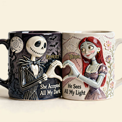 Spooky She Accepted All My Dark - Personalized White Edge-To-Edge Mug - Gift For Couples, Movie Fans NL122