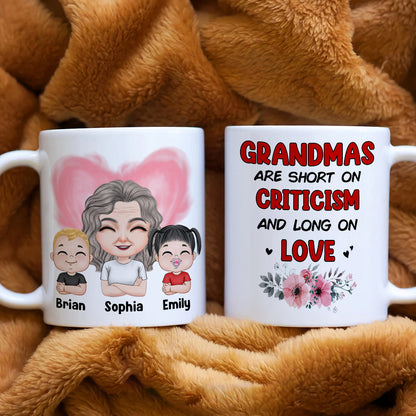 Grandmas Are Short On Criticism And Long On Love, Grandparents And Children Personalized Coffee Mug Gift For Grandparents