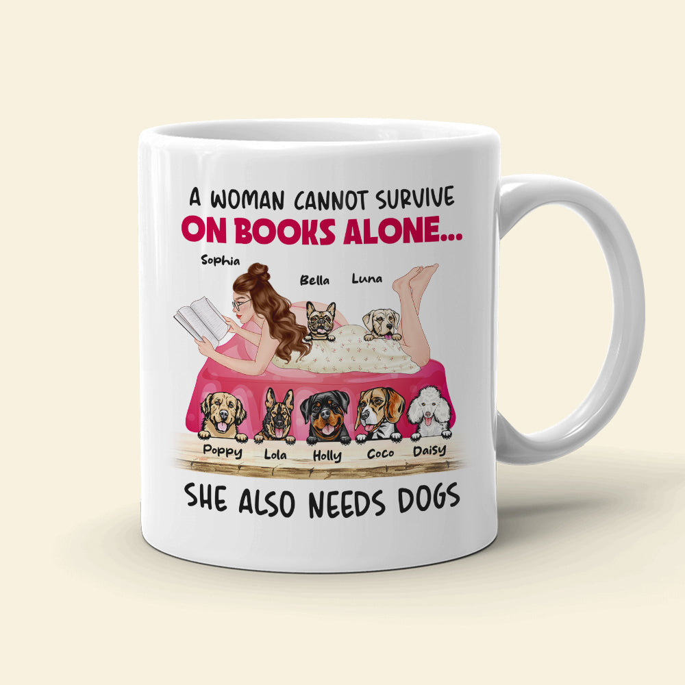 A Woman Cannot Survive On Books Alone, Girl Reading Book Dog White Mug