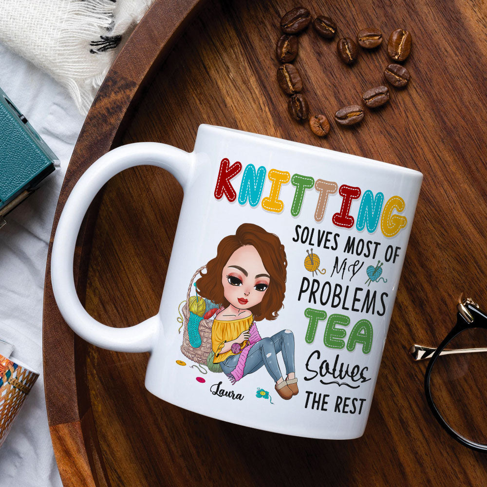 Personalized Gifts for Knitters, Custom Cartoon Characters with Yarn and Knitting White Mug 01TOTI060824HH
