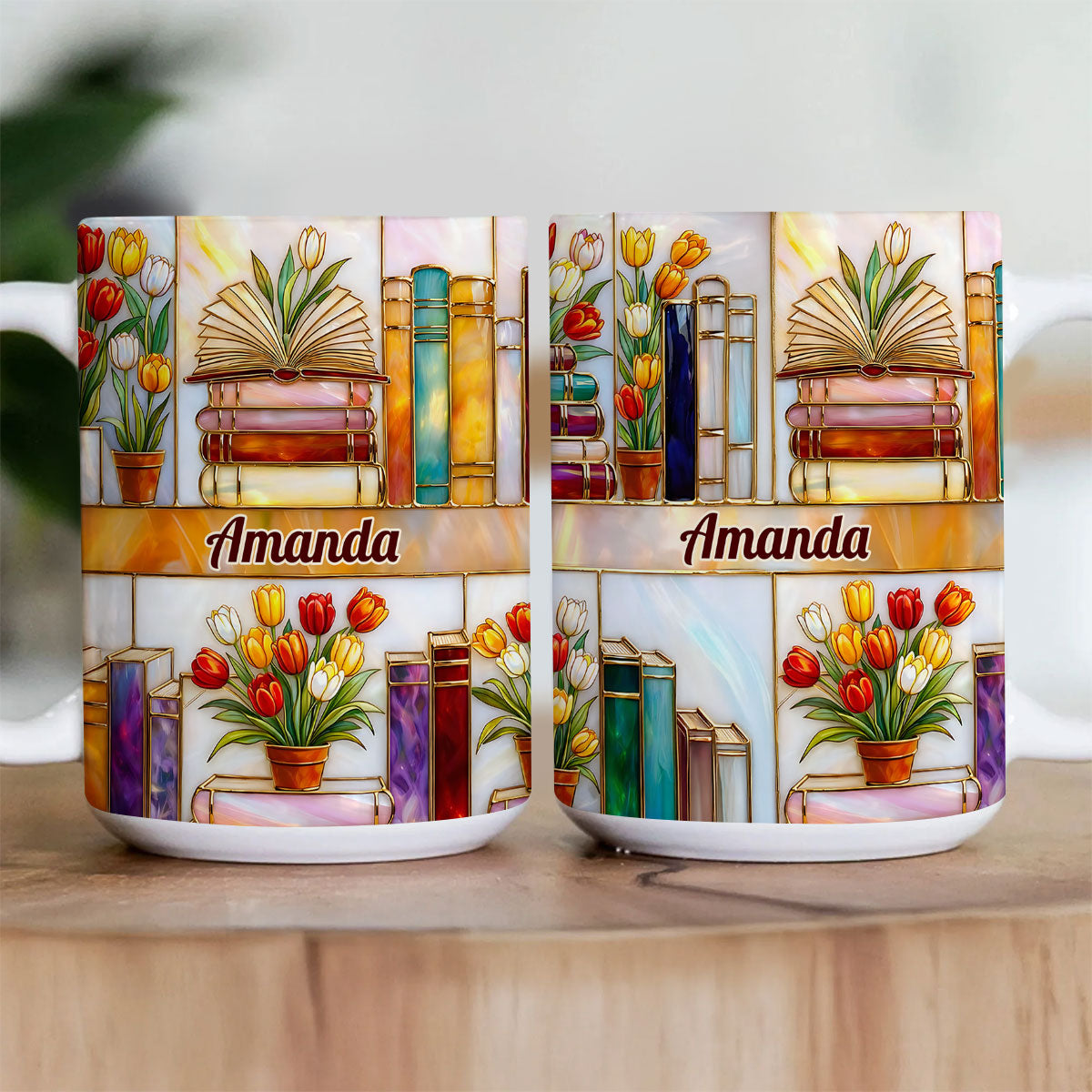Colorful Books & Tulips In Bloom - Personalized White Edge-to-Edge Mug - Gift For Her, Book Lovers HH01