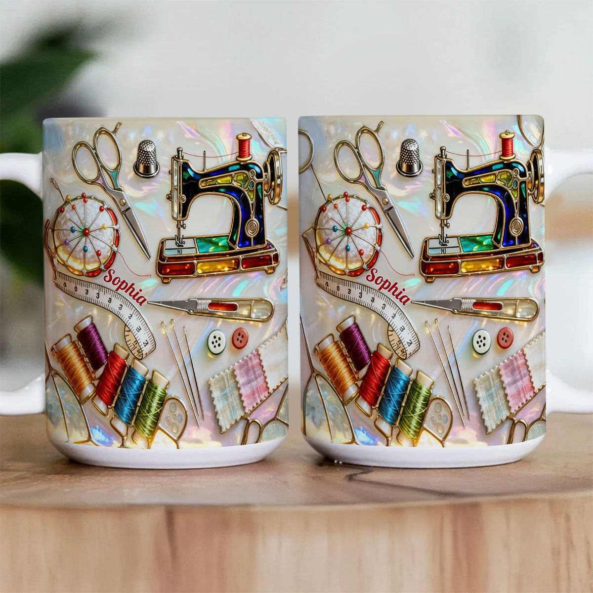 Love Sewing Stained Glass - Personalized White Edge-to-Edge Mug - Gift For Her HH01