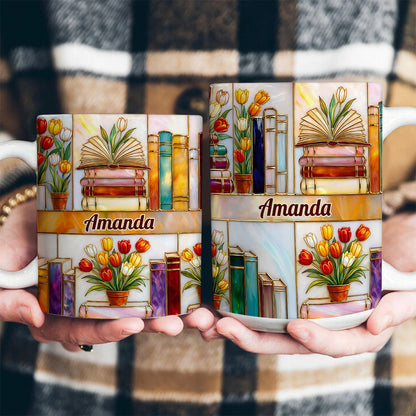 Colorful Books & Tulips In Bloom - Personalized White Edge-to-Edge Mug - Gift For Her, Book Lovers HH01