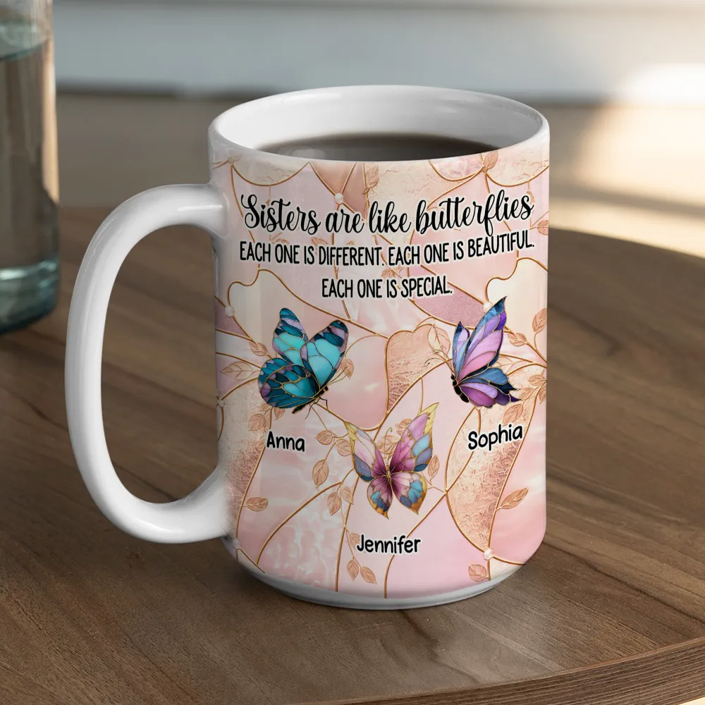 Sisters Are Like Butterflies - Personalized White Edge-to-Edge Mug - Gift For Sisters, Family HH01