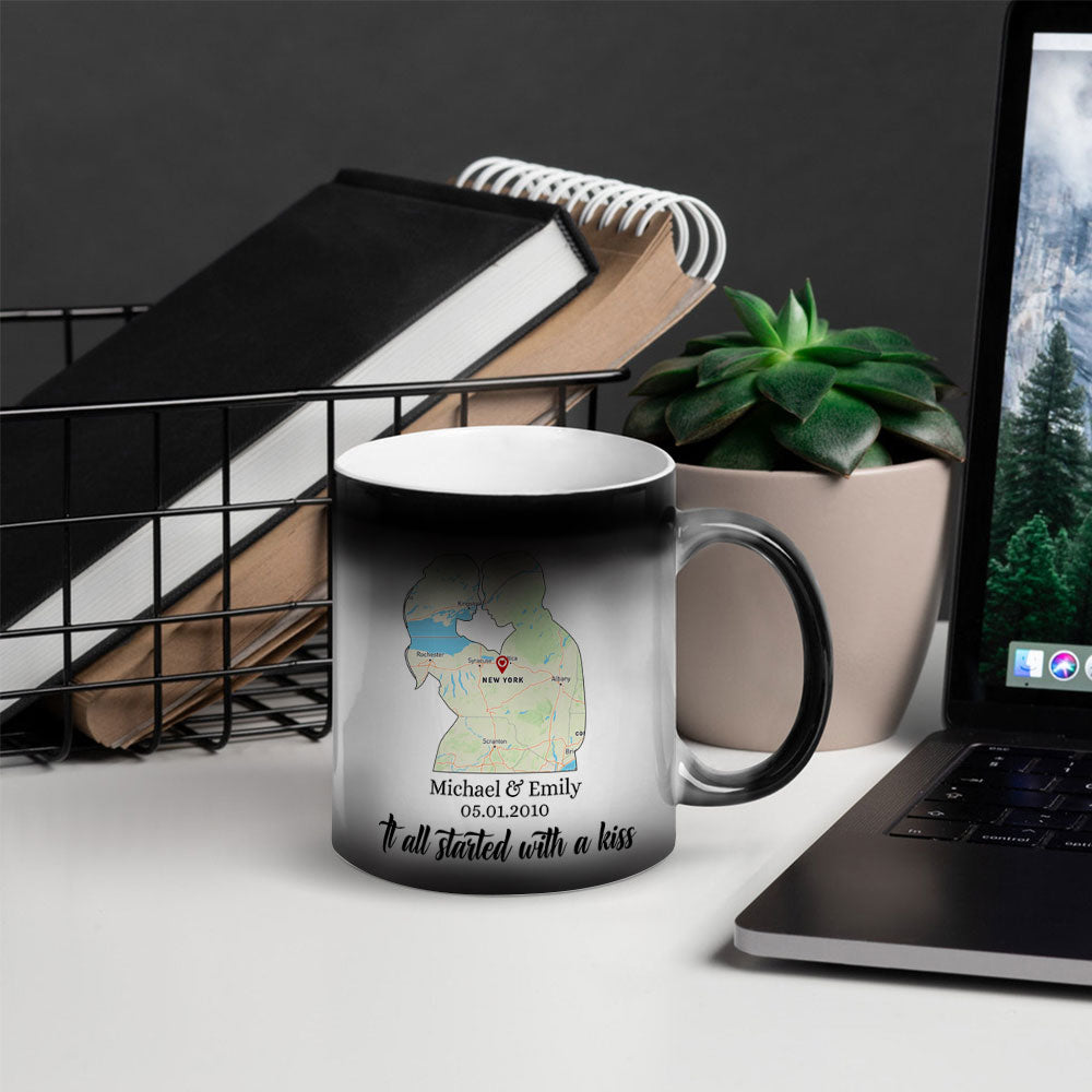 It All Started With A Kiss Custom Map Couple Mug, Gift For Couple
