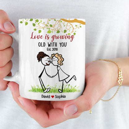 Love Is Growing Old With You, Gift For Couple, Personalized Mug, Stick Couple Kissing Mug, Anniversary Gift