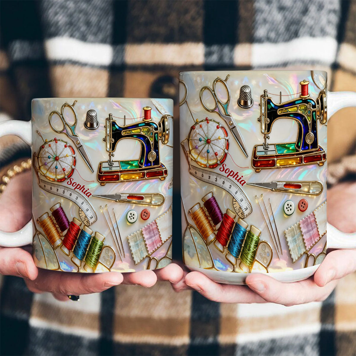 Love Sewing Stained Glass - Personalized White Edge-to-Edge Mug - Gift For Her HH01