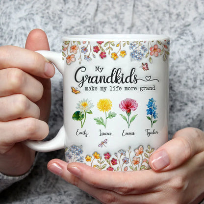 My Grandkids Make My Life More Grand - Personalized White Edge-to-Edge Mug - Gift For Grandma, Grandpa, Kids, Family HH01