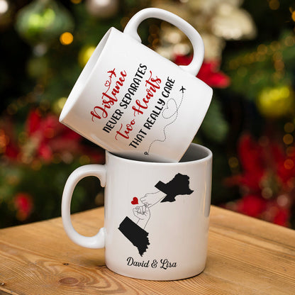 Distance Never Separates Two Hearts That Really Care Personalized Couple Mug, Gift For Couple