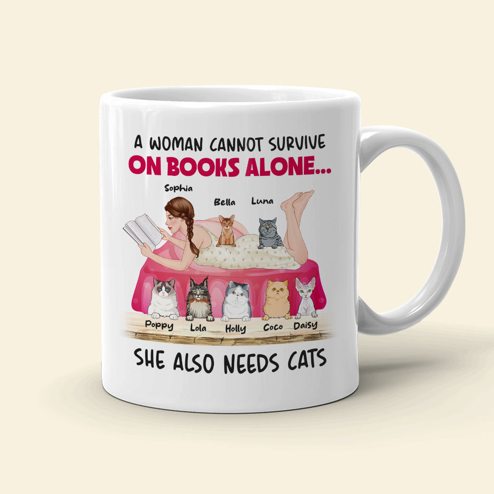 A Woman Cannot Survive On Books Alone, Girl Book Cat White Mug