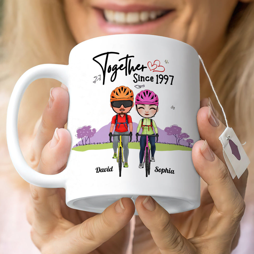 We're In It For The Long Journey & The Adventure Continues, Couple Cycling White Mug