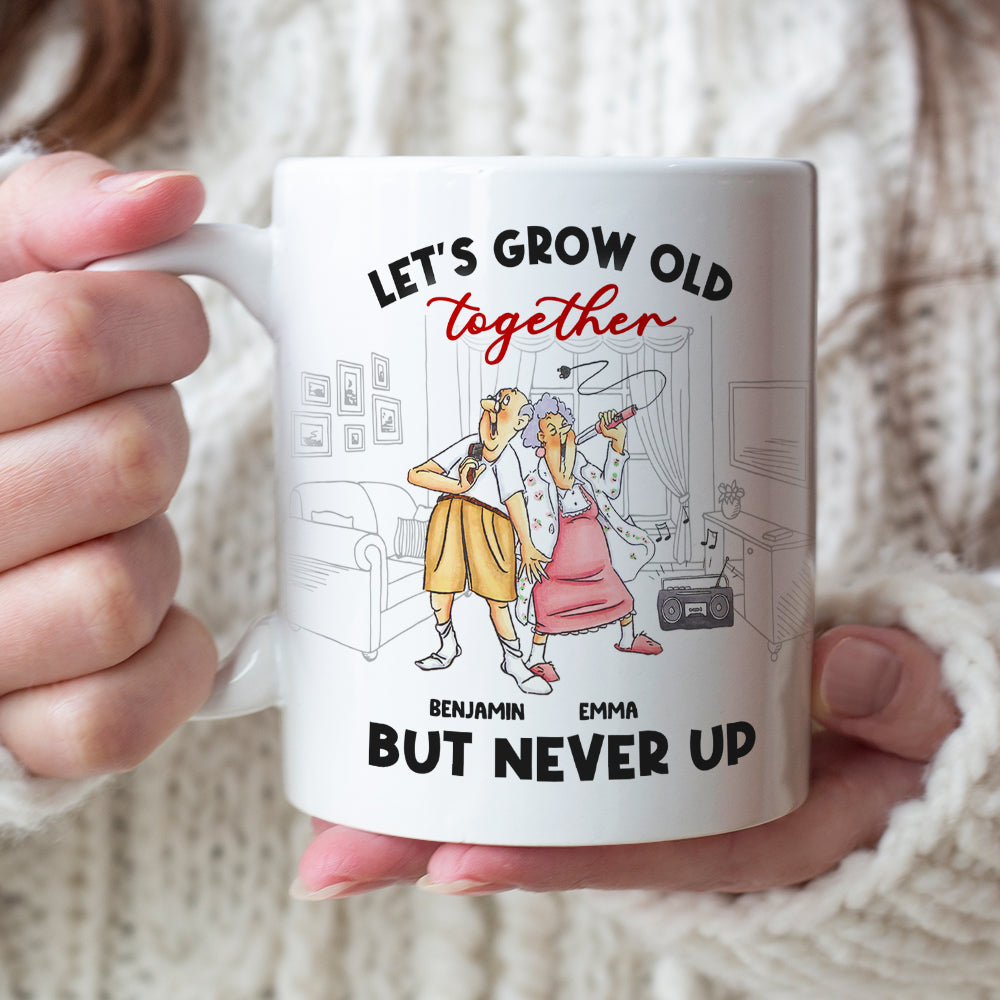 Let's Grow Old Together But Never Up, Old Couple Singing Kara White Mug