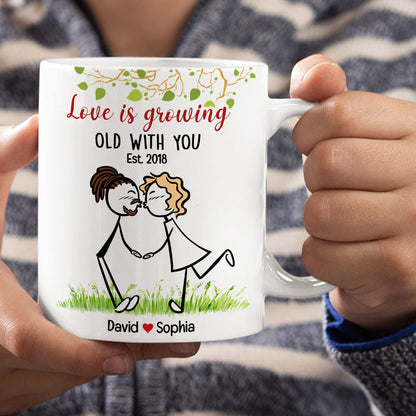 Love Is Growing Old With You, Gift For Couple, Personalized Mug, Stick Couple Kissing Mug, Anniversary Gift