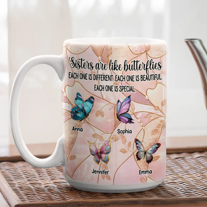 Sisters Are Like Butterflies - Personalized White Edge-to-Edge Mug - Gift For Sisters, Family HH01