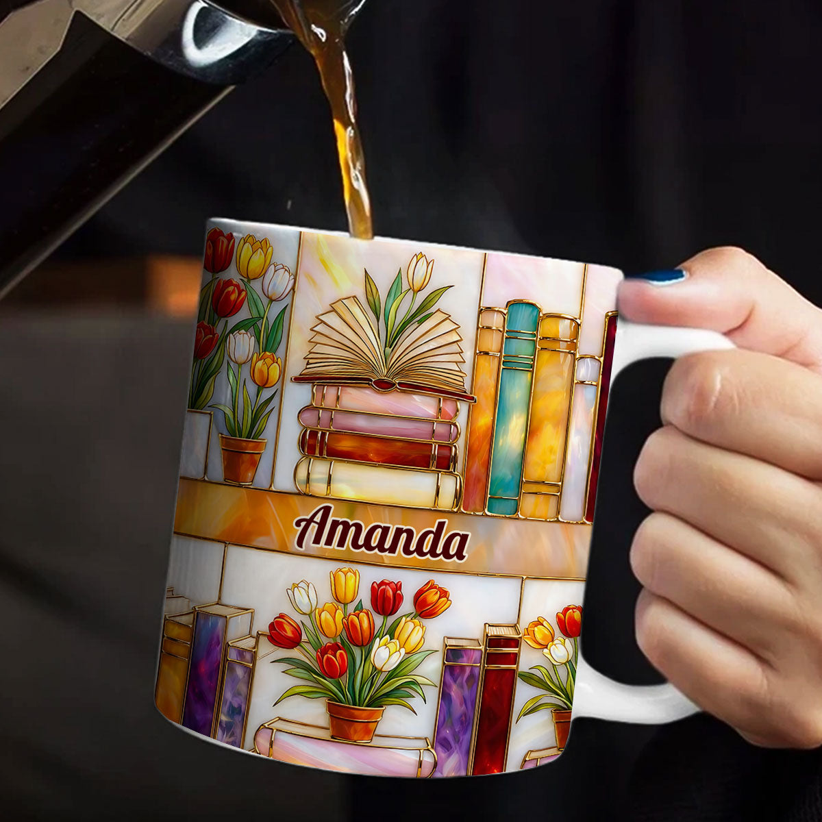 Colorful Books & Tulips In Bloom - Personalized White Edge-to-Edge Mug - Gift For Her, Book Lovers HH01