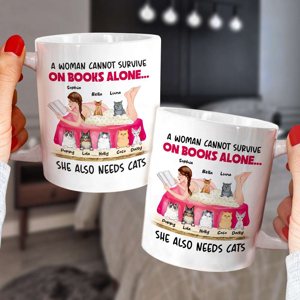 A Woman Cannot Survive On Books Alone, Girl Book Cat White Mug