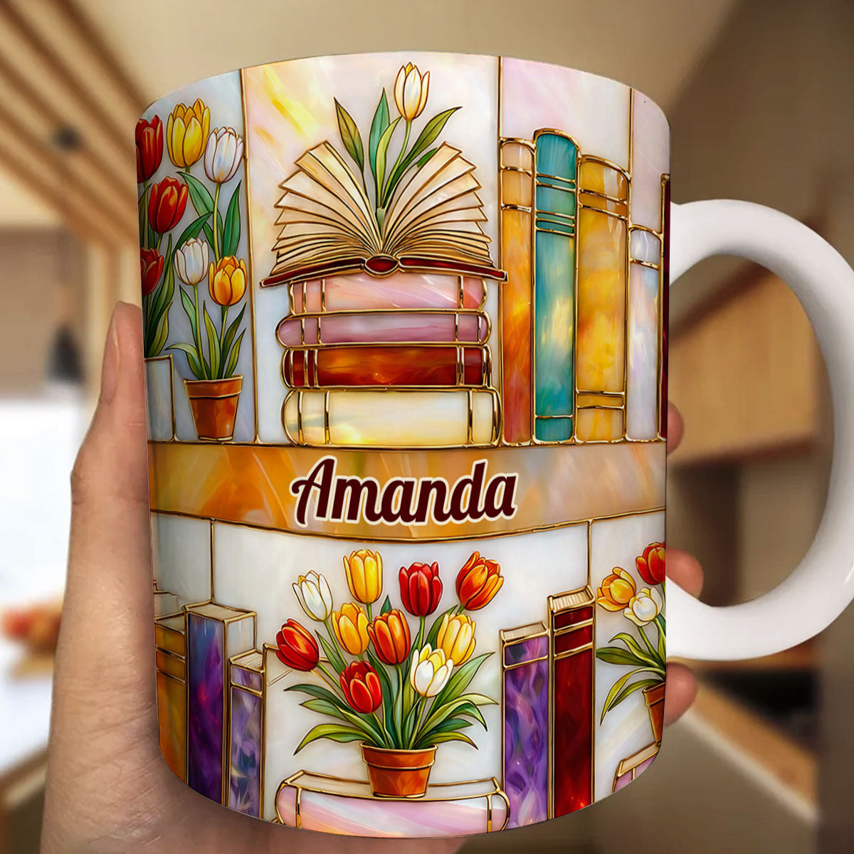 Colorful Books & Tulips In Bloom - Personalized White Edge-to-Edge Mug - Gift For Her, Book Lovers HH01