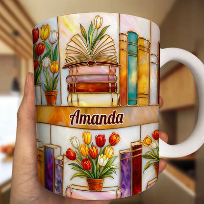 Colorful Books & Tulips In Bloom - Personalized White Edge-to-Edge Mug - Gift For Her, Book Lovers HH01