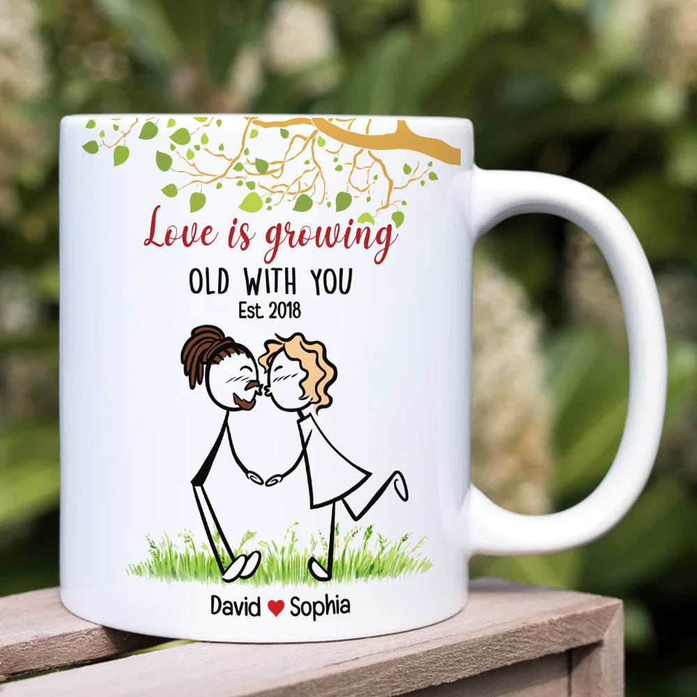 Love Is Growing Old With You, Gift For Couple, Personalized Mug, Stick Couple Kissing Mug, Anniversary Gift