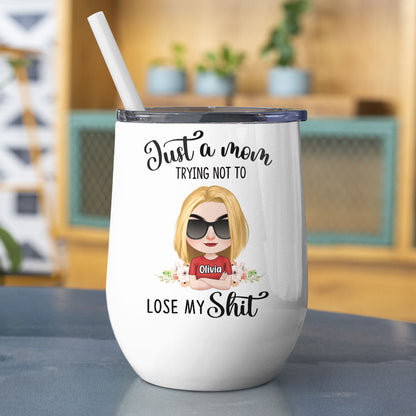 Just A Mom Trying Not To Lose My Shit, Personalized Mug, Gift For Mom, Mother's Day Gift, Chibi Woman With Crossed Arms
