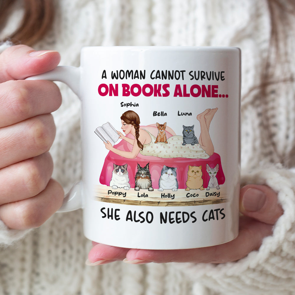 A Woman Cannot Survive On Books Alone, Girl Book Cat White Mug