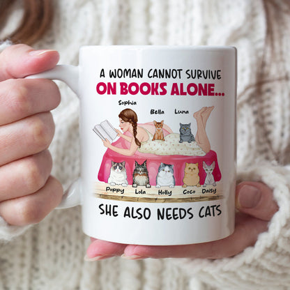 A Woman Cannot Survive On Books Alone, Girl Book Cat White Mug