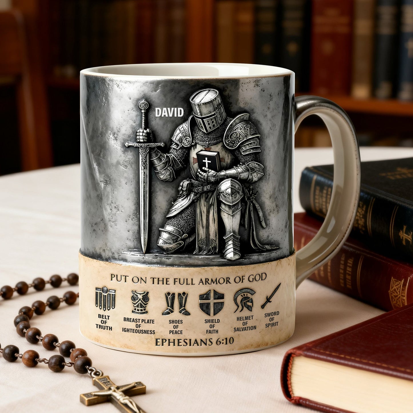 Put On The Full Amor Of God - Personalized White Edge-to-Edge Mug - Gift For Christians | NL122