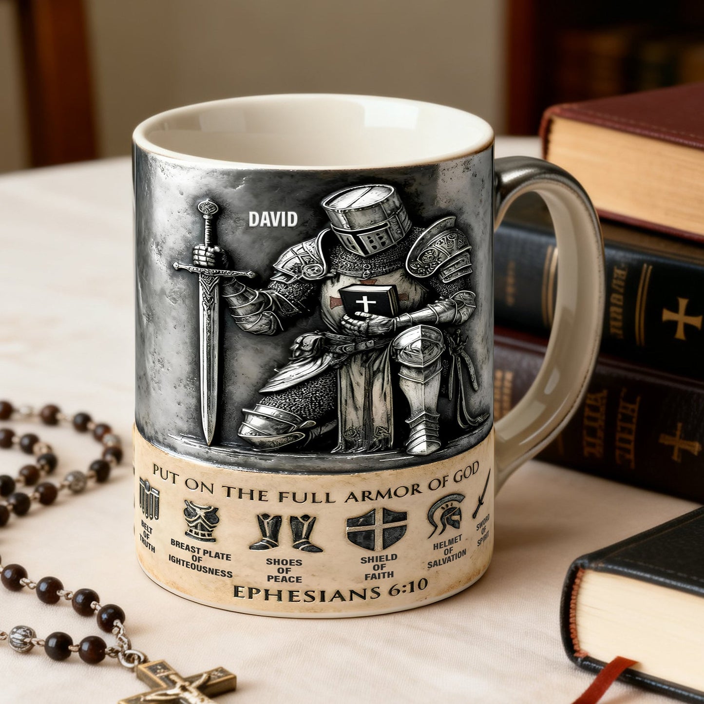 Put On The Full Amor Of God - Personalized White Edge-to-Edge Mug - Gift For Christians | NL122