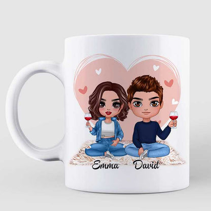 Pink Heart Doll Couple Sitting Gift For Him For Her Personalized Mug