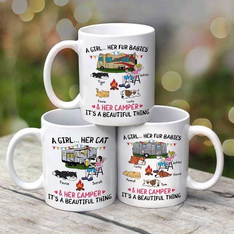 A Camping Girl And Her Fur Babies Dogs Cats Personalized Mug