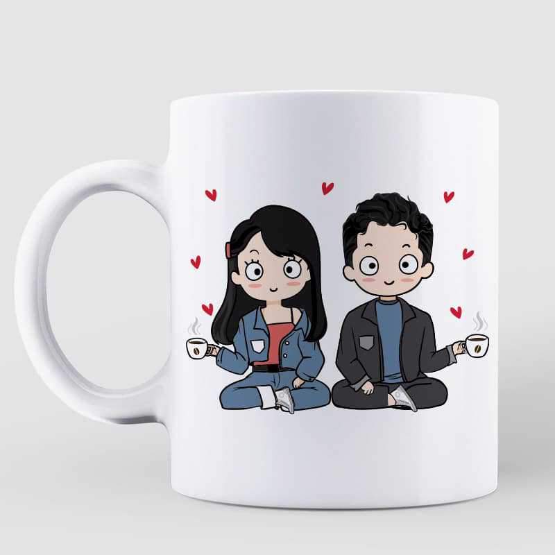 Chibi Couple Love Heart Initial Personalized Coffee Mug