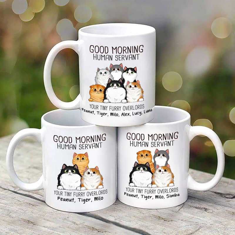 "Good Morning, Human Servant" Custom Cat Name Mug Furry Overlord Edition