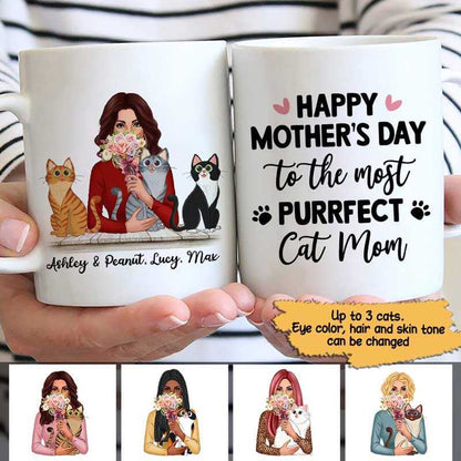 Happy Mother's Day Cat Mom Sitting Cat Cartoon Personalized Mug
