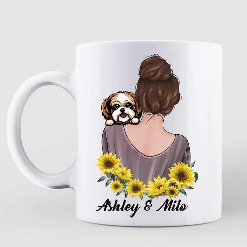 Sunflower Dog Mom With Peeking Dog Personalized Coffee Mug