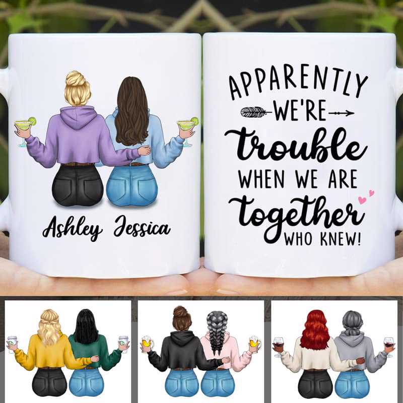 We're Trouble Besties Modern Girls Back View Personalized Mug
